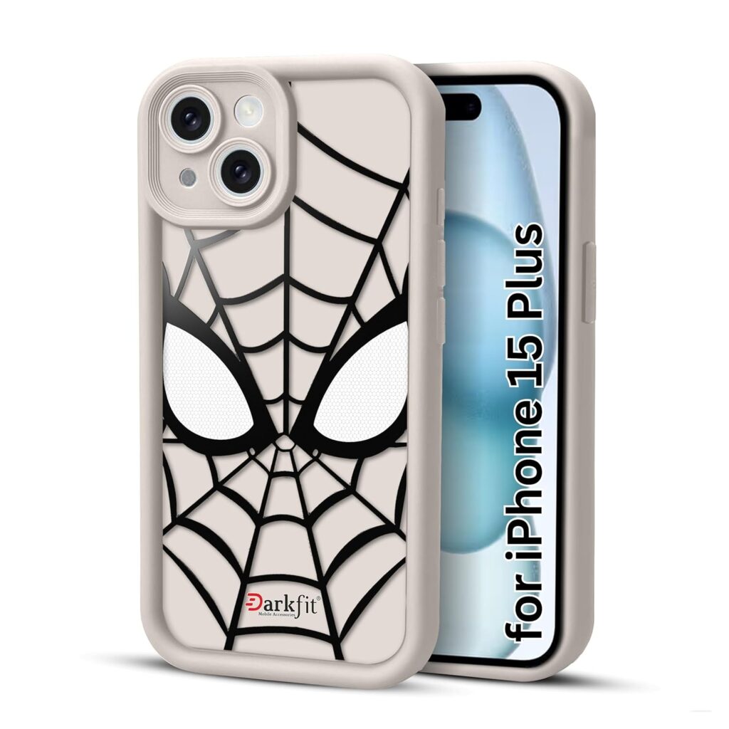 DARKFIT Back Case Cover Compatible for iPhone 15 Plus | Spidey Face Mask Case | Soft Silicone | Camera & Body Protection | Shock Proof | Color White | Pack of 1