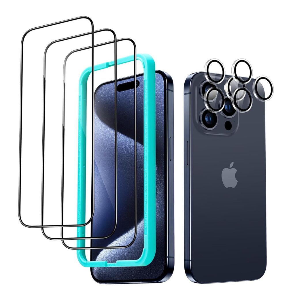 ESR 3+2 Pack for iPhone 15 Pro Screen Protector Set, 3 Tempered Glass Screen Guards and 2 Set Individual Lens Protectors, 2.5D Curved Edges, Full-Coverage Protection, Scratch Resistant