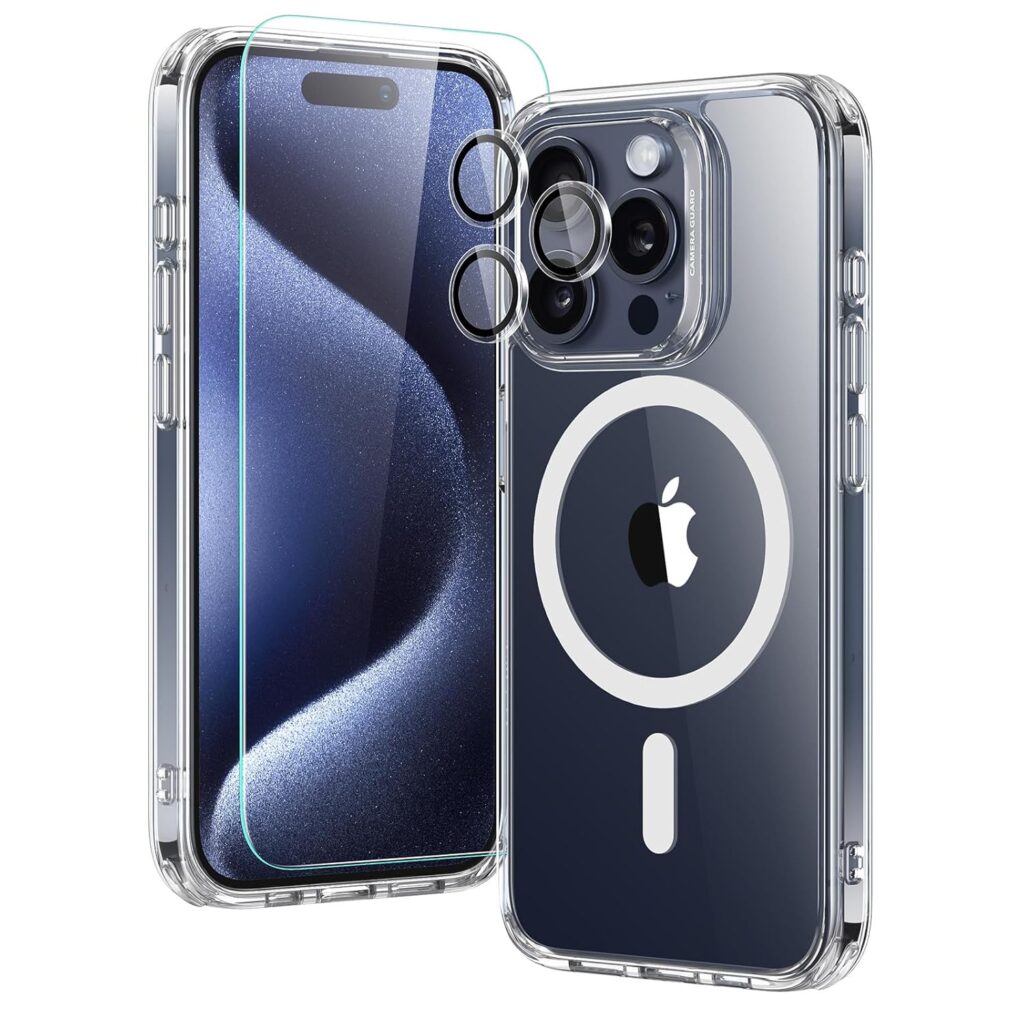 ESR For iPhone 15 Pro Max Case Set, 1 Tempered-Glass Screen Protector, 1 Set of Lens Protectors, Military-Grade Case Protection, Scratch Resistant Magsafe TPU Phone Case, Classic Series, Clear