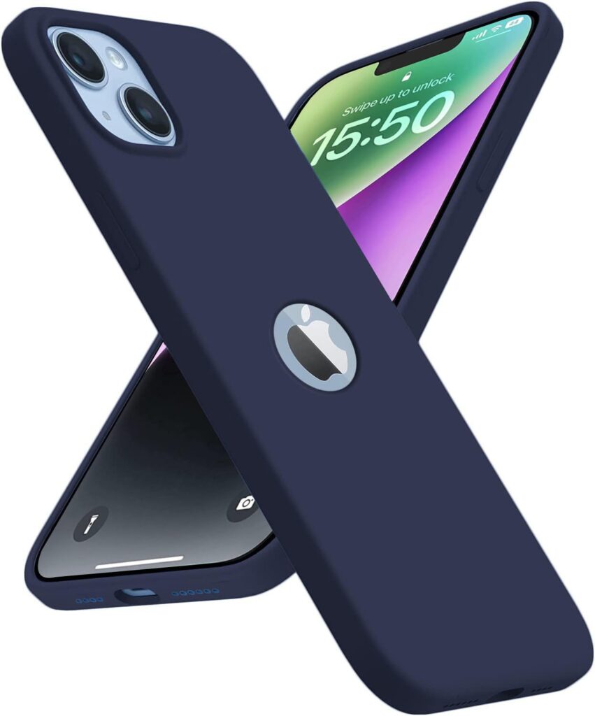 Elzzi Liquid Silicone Cover Compatible with iPhone 14 Case (6.1 inch) 3 Layer Microfiber Logo Cut Lining Covers Phone Cases Full Body Protective Wireless Charging Shockproof Back Cover (Dark Blue)