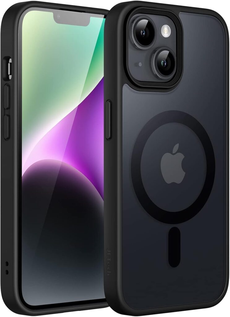 Elzzi Magnetic Cover for iPhone 14 Plus Case [MIL-Grade Drop Tested & Compatible with MagSafe] Translucent Matte TPU + Hard PC Back Cover, Anti-Scratch Shockproof Phone Case (Black)
