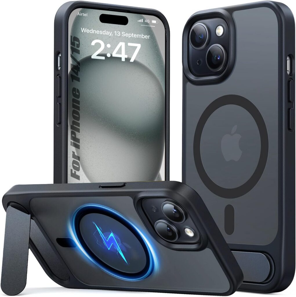 Enflamo Matte Back Cover Case Compatible with Stand Magnatic Designed for iPhone 15 & iPhone 14 | Ultra Hybrid Camera Bump Protection (Black) - Polycarbonate