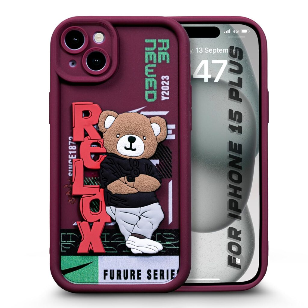 Enflamo for iPhone 15 Plus Case Matte Back Silicone Cover 3D Designed | Camera Bump Protection (Maroon)