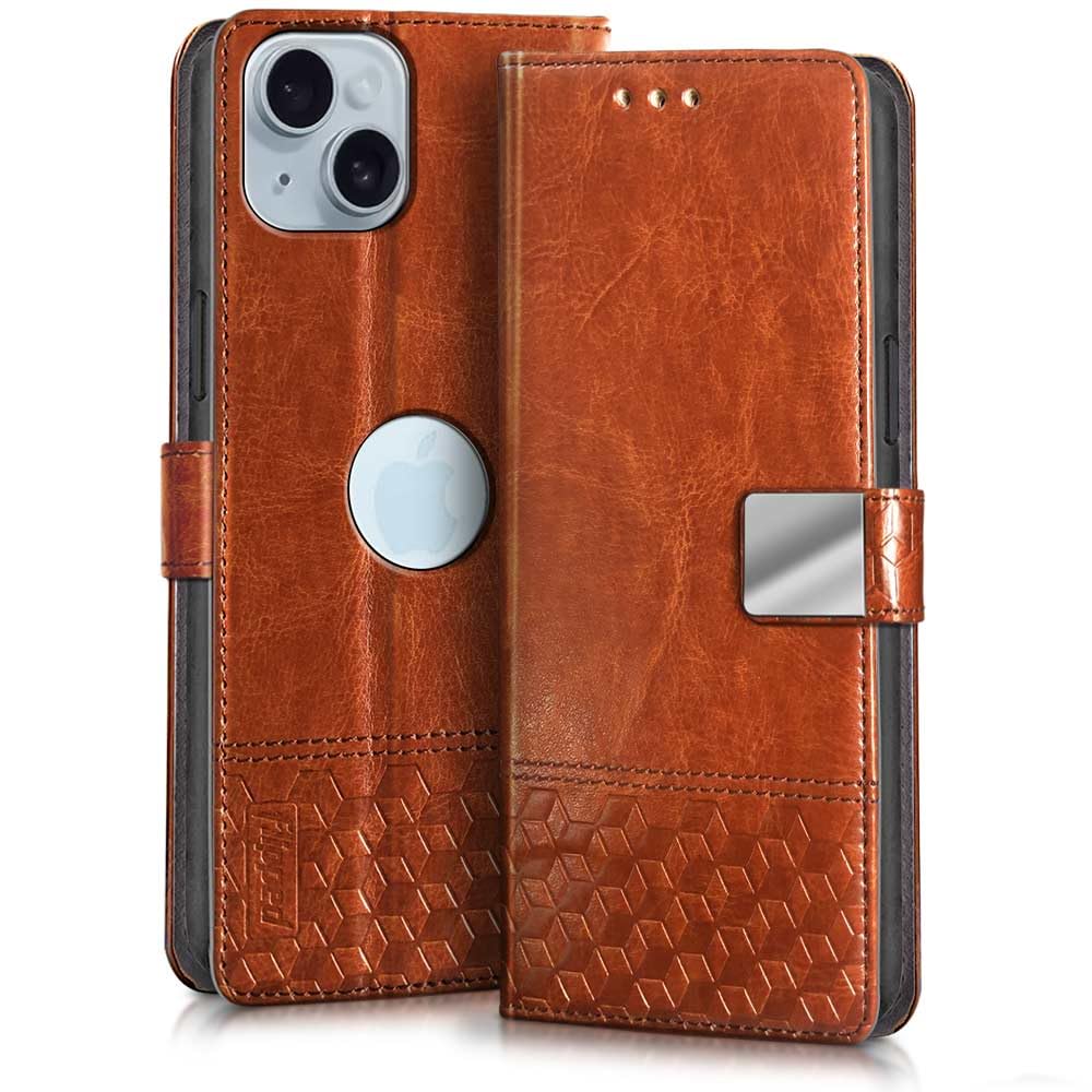 FLIPPED Hand Stitched Honeycomb Dual Design Back Flip Cover Case for Apple iPhone 15 Plus (Shock Proof | Leather Finish | Wallet Case Card Holders & Stand) - Tanned Brown