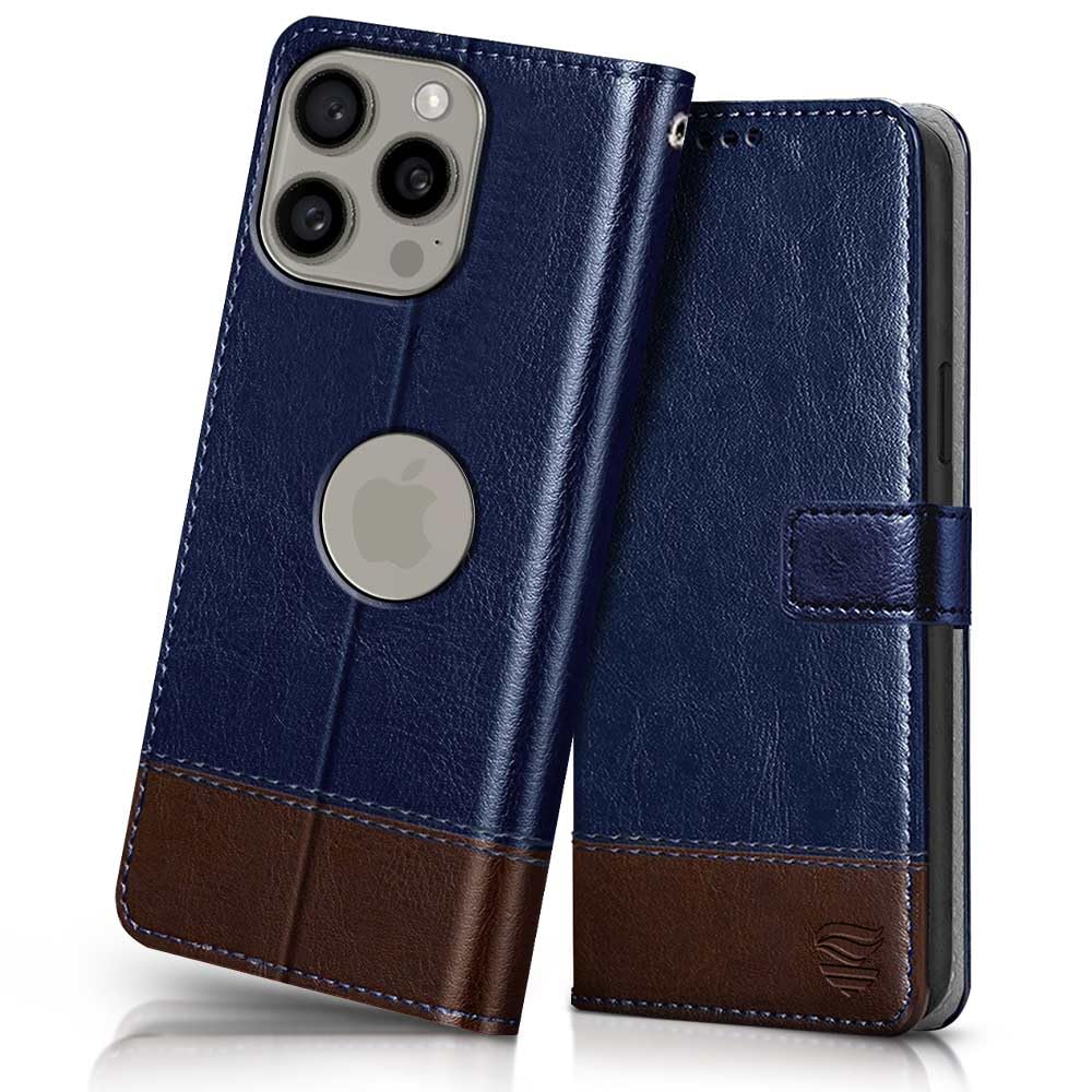 FLIPPED Vegan Leather Flip Case Back Cover for Apple iPhone 15 Pro Max (Flexible, Shock Proof | Hand Stitched Leather Finish | Card Pockets Wallet & Stand | Blue with Brown)