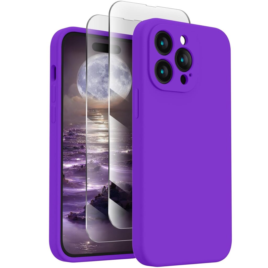 FireNova Designed for iPhone 14 Pro Max Case, Silicone Upgraded [Camera Protection] Case with [2 Screen Protectors], Soft Anti-Scratch Microfiber Lining Inside, 6.7 inch, Neon Purple