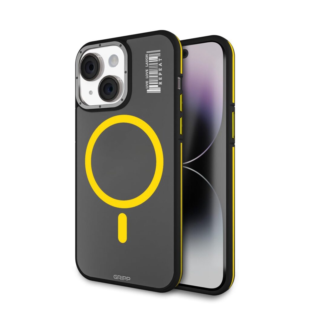 GRIPP Raigor with Mag-Safe Case for iPhone 15 Plus | iPhone 14 Plus (6.7") with Metallic Camera Ring Alloy | Dual Material Ultra Hard PC & Soft TPU Bumper Translucent Matte Back Cover - Yellow