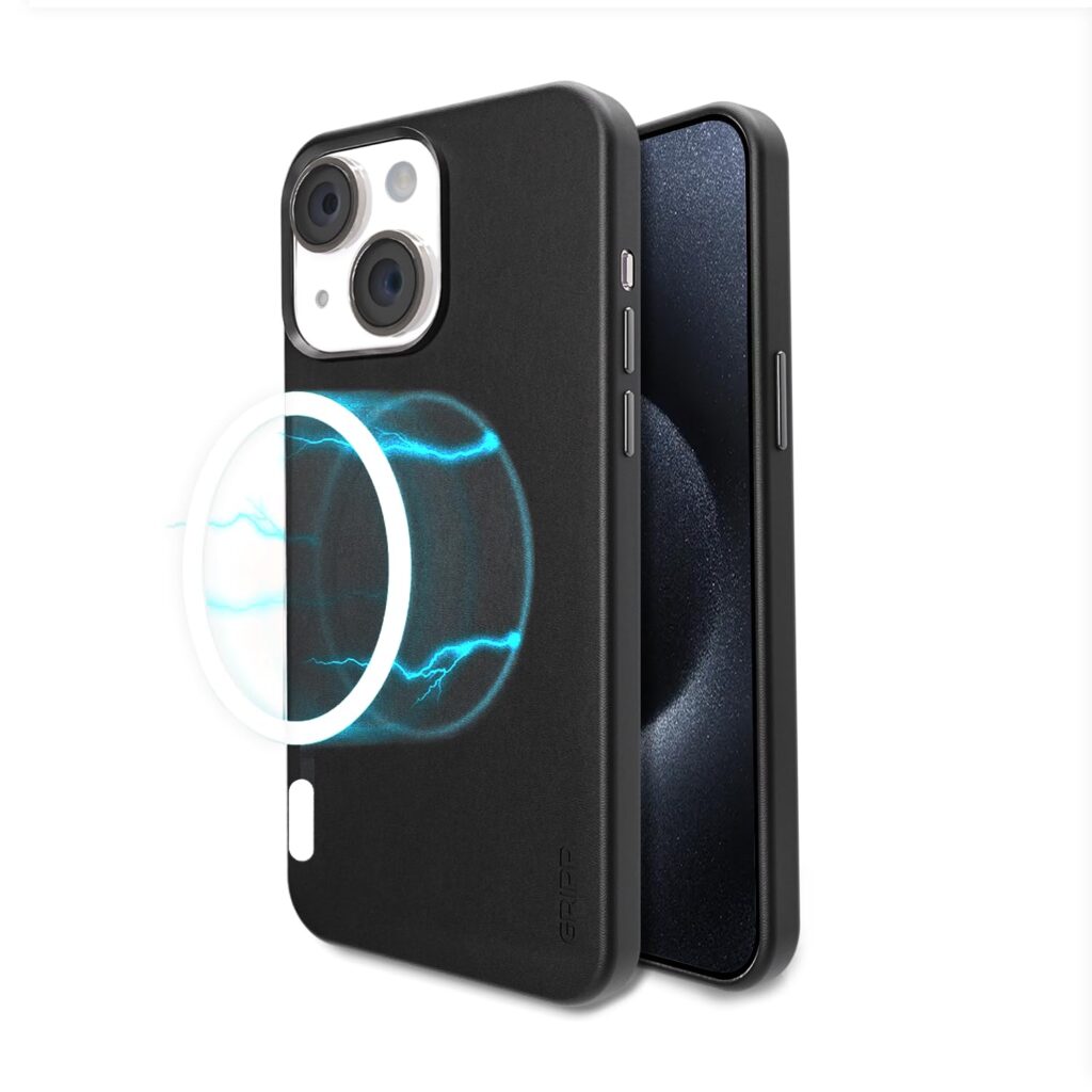 GRIPP Vintage with Mag-Safe Case Compatible with iPhone 15 Plus | iPhone 14 Plus (6.7") All-Round Protection | Leatherette Smooth Texture with Metalic Edge Full Coverage Back Cover - Black
