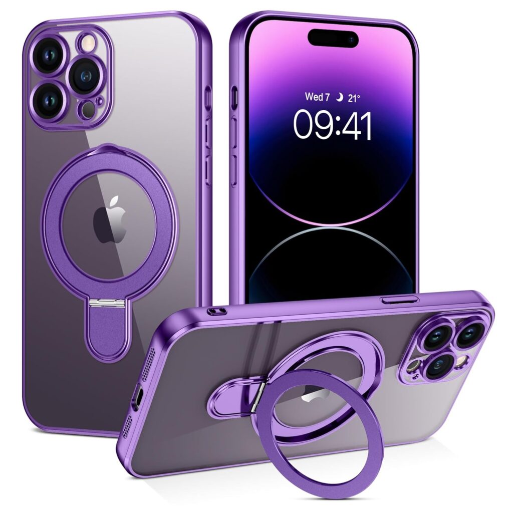 GUAGUA Magnetic for iPhone 14 Pro Max Case with Kickstand, [Compatible with MagSafe] Phone Case Camera Protection Anti-Slip Sturdy Stand Anti-Yellowing Matte Back Cover,Purple