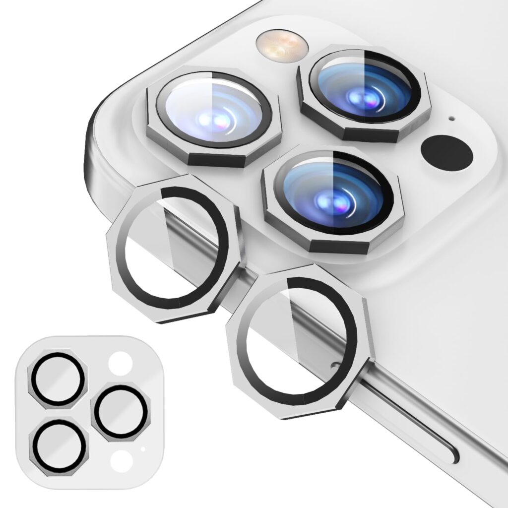 GadgetBite Snaptra Octagon Lens Protector Compatible With iPhone 14 Pro & iPhone 14 Pro Max – 9H Tempered Glass Camera Cover with Metal Ring, Scratch-Resistant,Camera Lens Protection - Silver