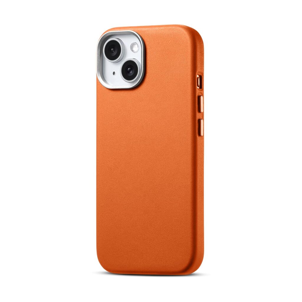 Hi-Pro Tech Premium TPU Leather Back Cover Case for iPhone 15 Plus, Raised Edges for Camera & Screen Protection, Flexible, Soft -Touch, Stylish, Slim and Durable Protective Cover (Brown)