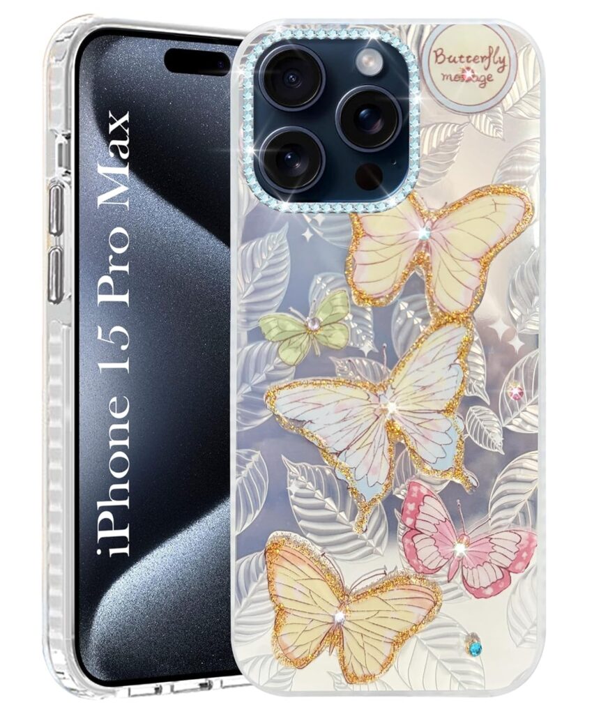 Jkobi Back Cover Case for Apple iPhone 15 Pro Max (Luxury Floral Glitter Cute Butterfly | Diamond Studded Camera Bump | Girls & Women Design)
