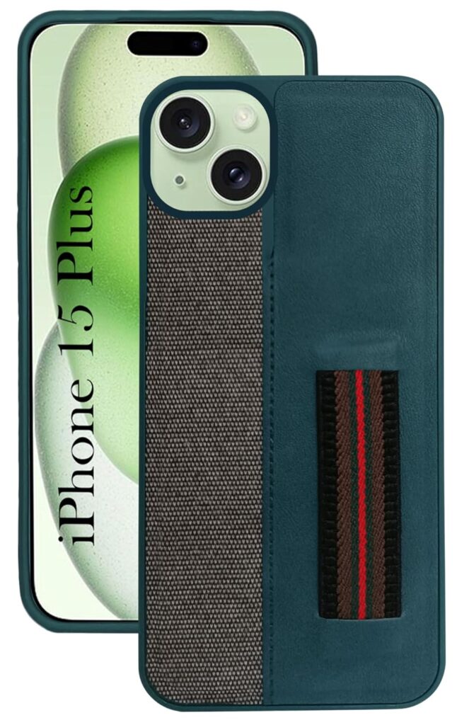 Jkobi Back Cover Case for iPhone 15 Plus (Professional PU Leather | Strip Chain Holder Socket | Green)