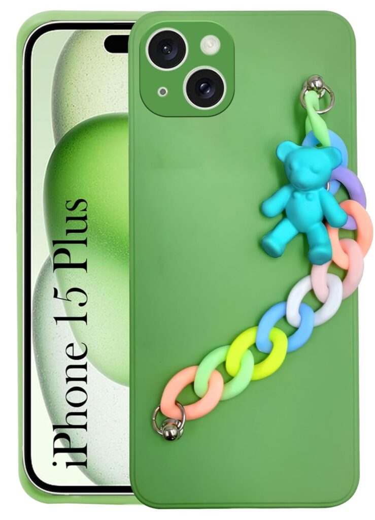 Jkobi Back Cover for iPhone 15 Plus Girls Case with Bracelet (Wrist Hanging Chain | Teddy Toy Cartoon | Matte Green)