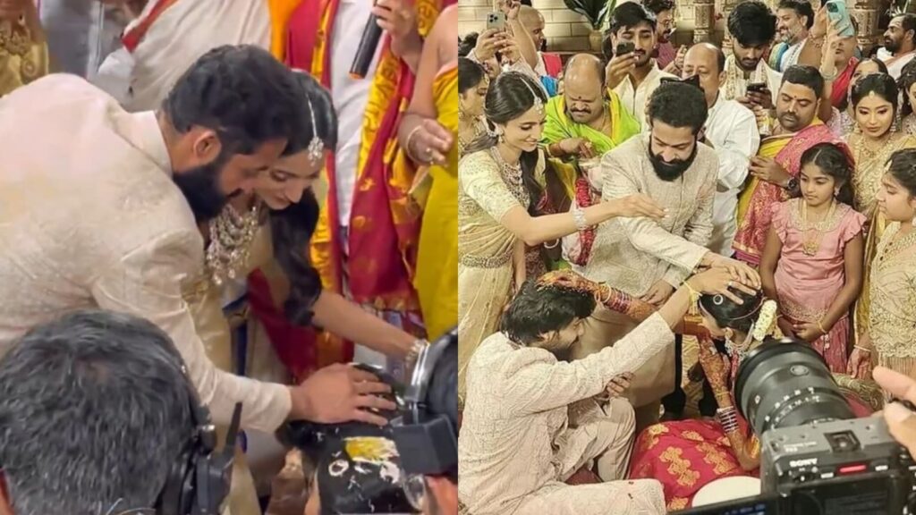 Jr NTR attends brother-in-law Nithiin's wedding with wife Lakshmi Pranathi and kids, performs jiju duties. Watch