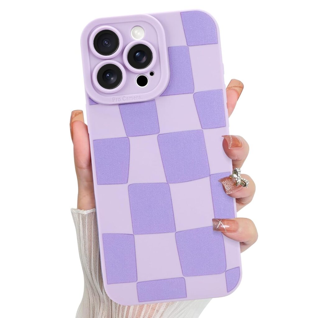 KANGHAR Compatible with iPhone 14 Pro Max Case, Silicone Checkered Cute Pattern, Camera Protection Soft Slim Phone Case for Phone Case -Purple