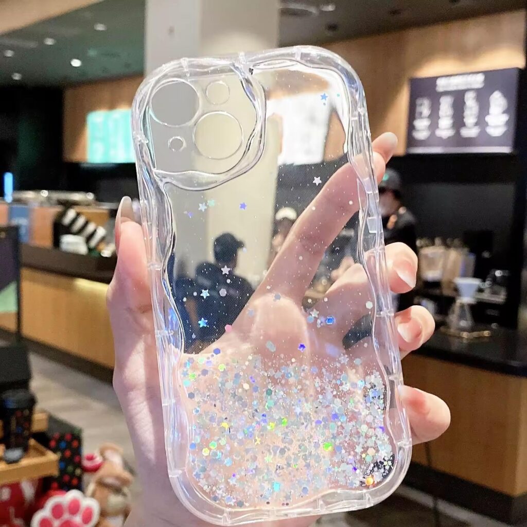 KC Back Cover for Apple iPhone 15 Plus - Dry Fixed Non Moving Glitter Curly Wave Shape Shockproof Bumper Soft Silicone Case with Camera Protection (Transparent)