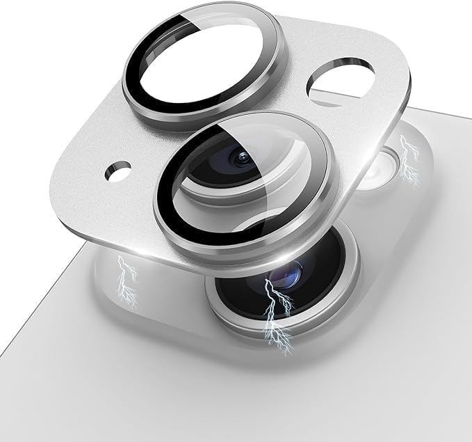 KEKOZE Camera Lens Protector Compatible With iPhone 15 and iPhone 15 Plus � Full Coverage 9H Tempered Glass with Metal Plate, HD Clear, Joint Camera Ring Protector - Silver