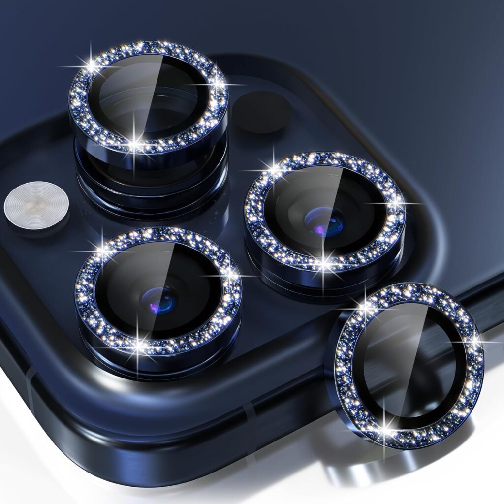 KEKOZE Diamond Camera Lens Protector Compatible With iPhone 15 Pro and iPhone 15 Pro Max 9H Tempered Glass Camera Cover Screen Protector Metal Ring Decoration Accessories - Titanium Blue