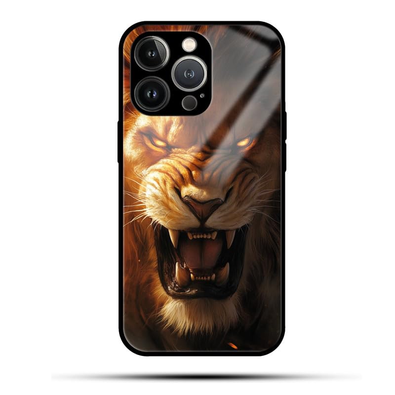 Kirmada Angry Roaring Lion Print Glass Mobile Cover for iPhone 14 Pro Max | Wild & Trendy Animal Pattern Design | Scratch-Resistant, Shockproof, and Lightweight Case for Animal Lovers