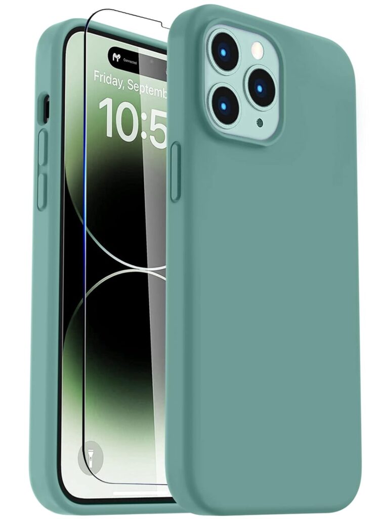 LOVE 3000 Compatible with iPhone 14 Pro Max Case with Screen Protector, Slim Premium Liquid Silicone Phone Case for iPhone 14 Pro Max, [Anti-Scratch Velvet Interior] [Drop Protection], Pine Green