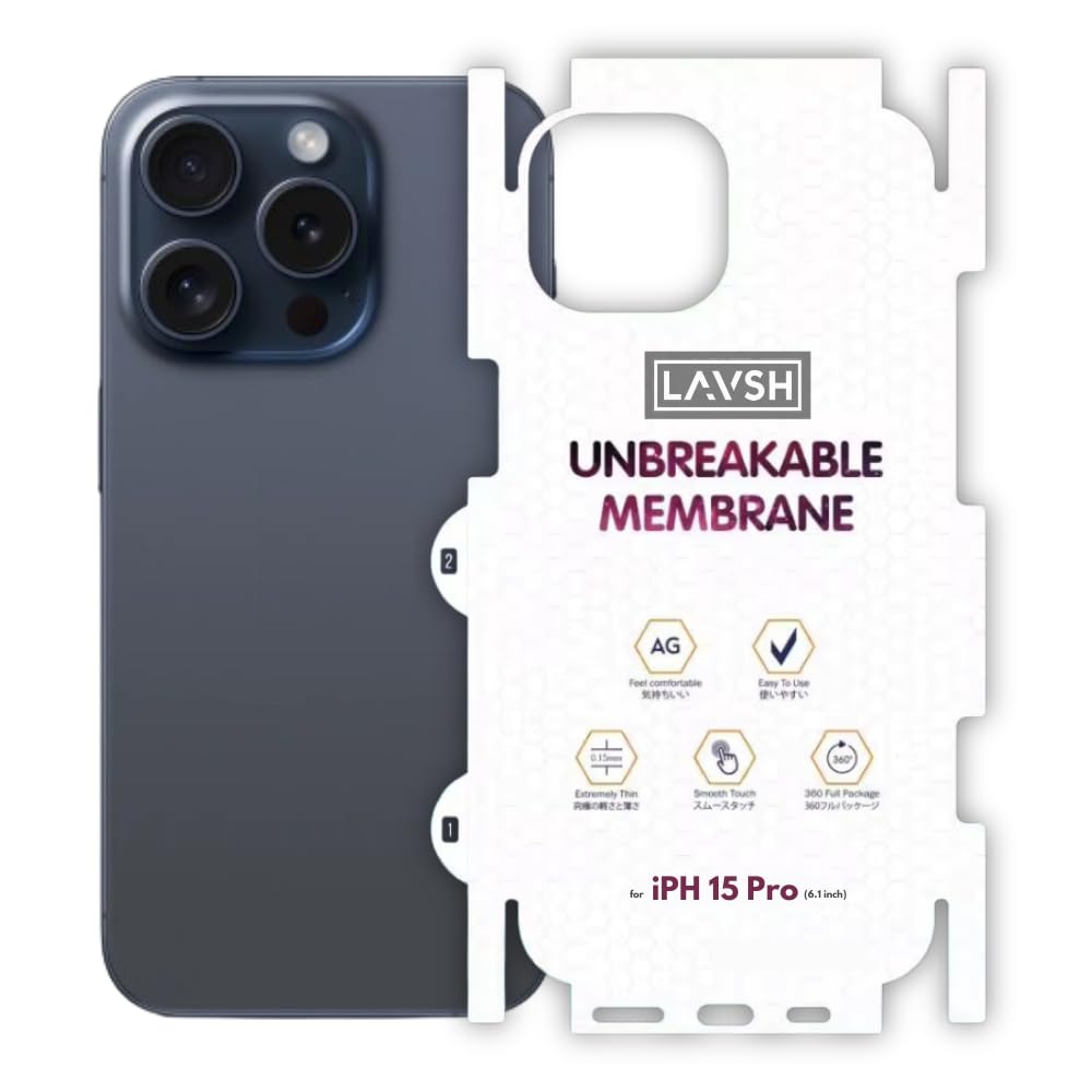 Lavsh Unbreakable Membrane Transparent Back Skin for iPhone 15 Pro - Ultra Thin 0.33mm Hydrogel Protective Film Skin Wrap for iPhone 15 Pro - Scratch-Free, High Transparent
