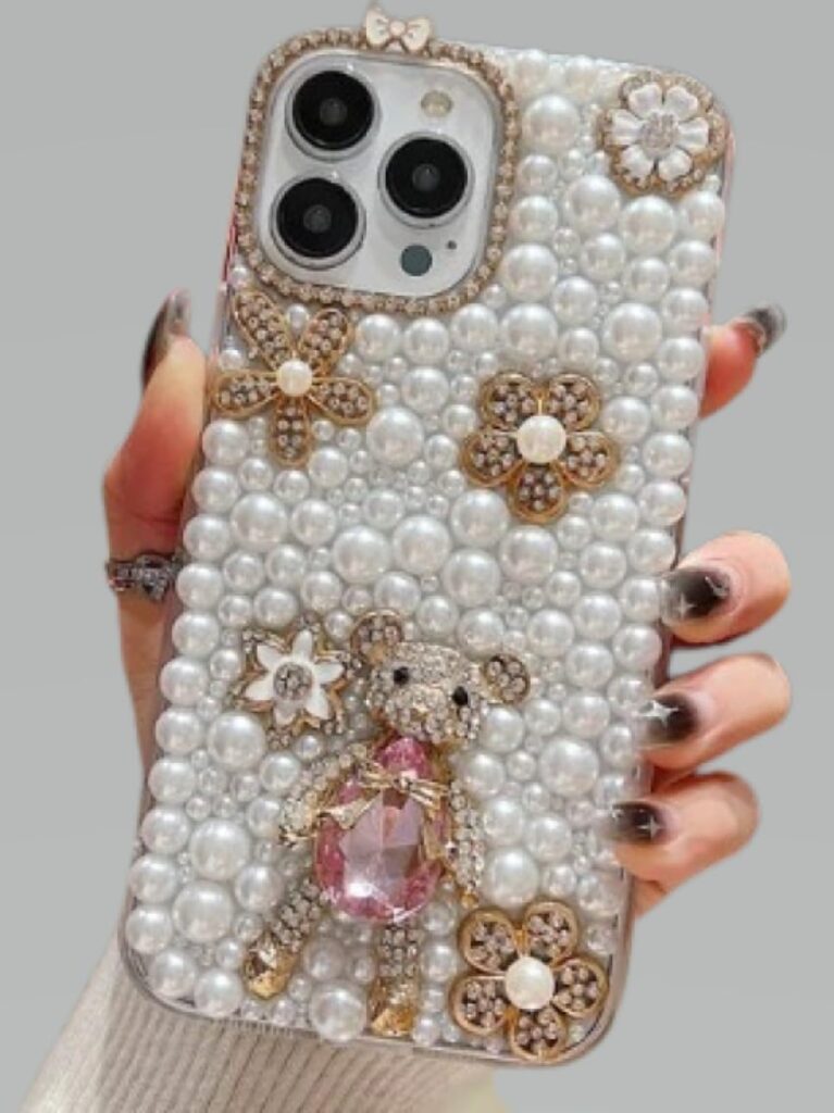 Luxury Phone Case Cover for iPhone 15 Plus | Pearl Embellished | Crystal Floral Design| Camera Protection | Comfort Side Buttons | Compatible with iPhone 15 Plus only (Pearl)