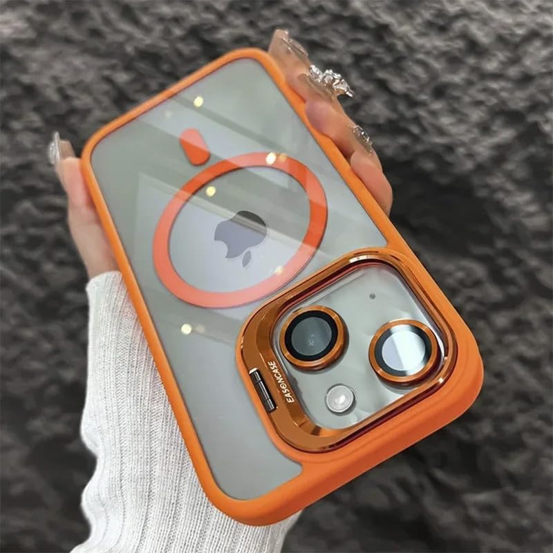 LuxuryKase Mag-Safe Clear Case for iPhone 14 Plus | Shockproof Transparent Cover with Camera Lens Protection | Metal Ring Stand & Wireless Charging Support – Orange