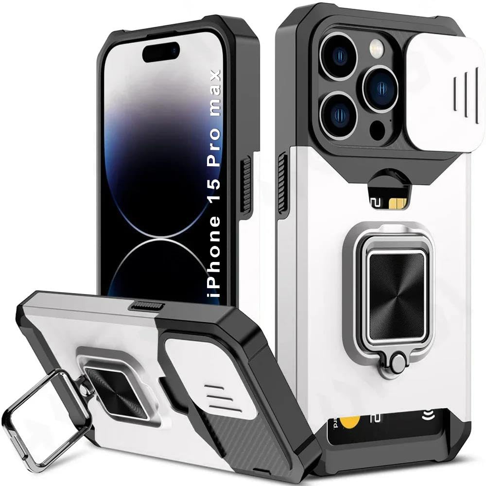 LuxuryKase Shockproof Armor Case for iPhone 15 Pro Max | Slide Camera Cover | Hidden Card Slot | Rotating Ring Kickstand | Magnetic Car Mount Support | Military Grade Protection – White