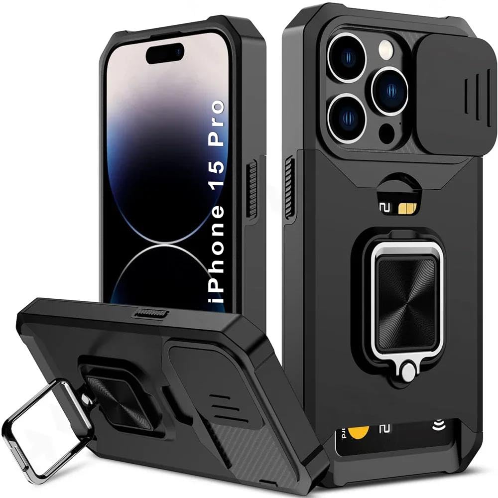 LuxuryKase Shockproof Armor Case for iPhone 15 Pro | Slide Camera Cover | Hidden Card Slot | Rotating Ring Kickstand | Magnetic Car Mount Support | Military Grade Protection – Black