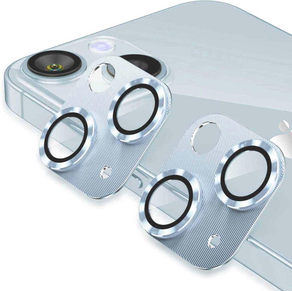 MAYABALLE® Aluminium Alloy 3D Camera Lens Protector Compatible For iPhone 15/iPhone 15 Plus,[Anti-Scratch] Premium Tempered Glass Film Aluminium Alloy 3D Lens Ring Cover-Sierra Blue