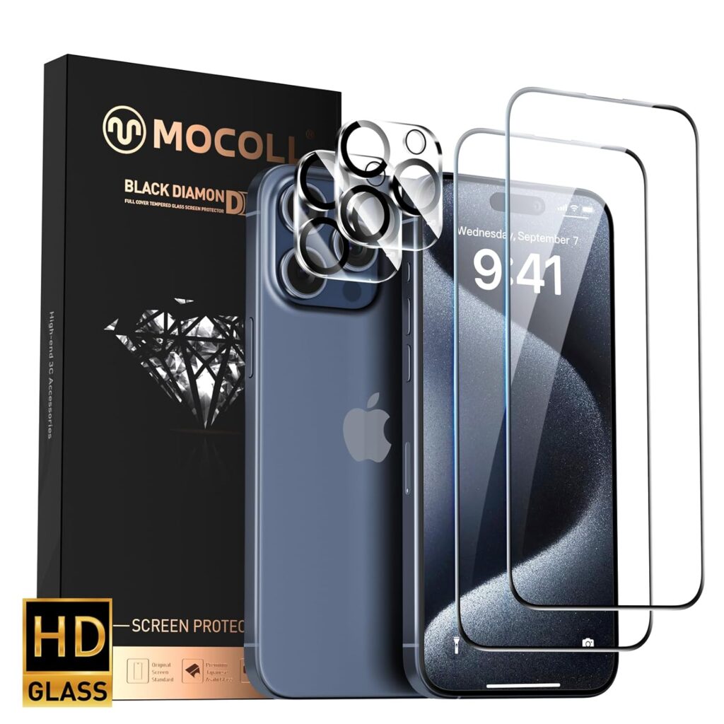 MOCOLL iPhone 15 Pro Max Screen Protector with Camera Lens Protector, 6.7 Inch Tempered Glass Film, Dynamic Island Compatible, Case Friendly, Anti-Scratch HD (2+2 Packs)