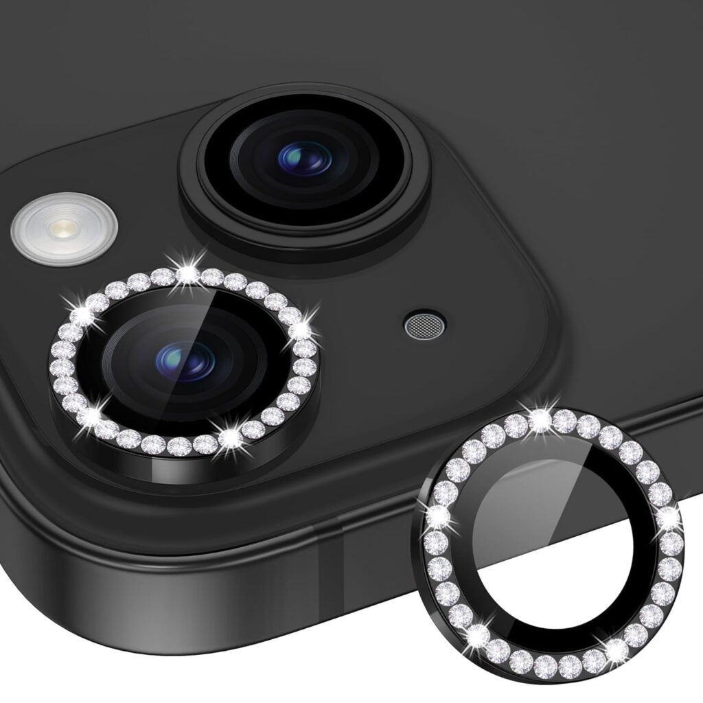 NEXT TECH Glass Camera Lens Protector Compatible For Iphone 15/15 Plus Bling,Individual Metal Diamond Ring 9H Hardness Scratchproof Protector,Stylish Accessories,Case Friendly(Black Diamond)