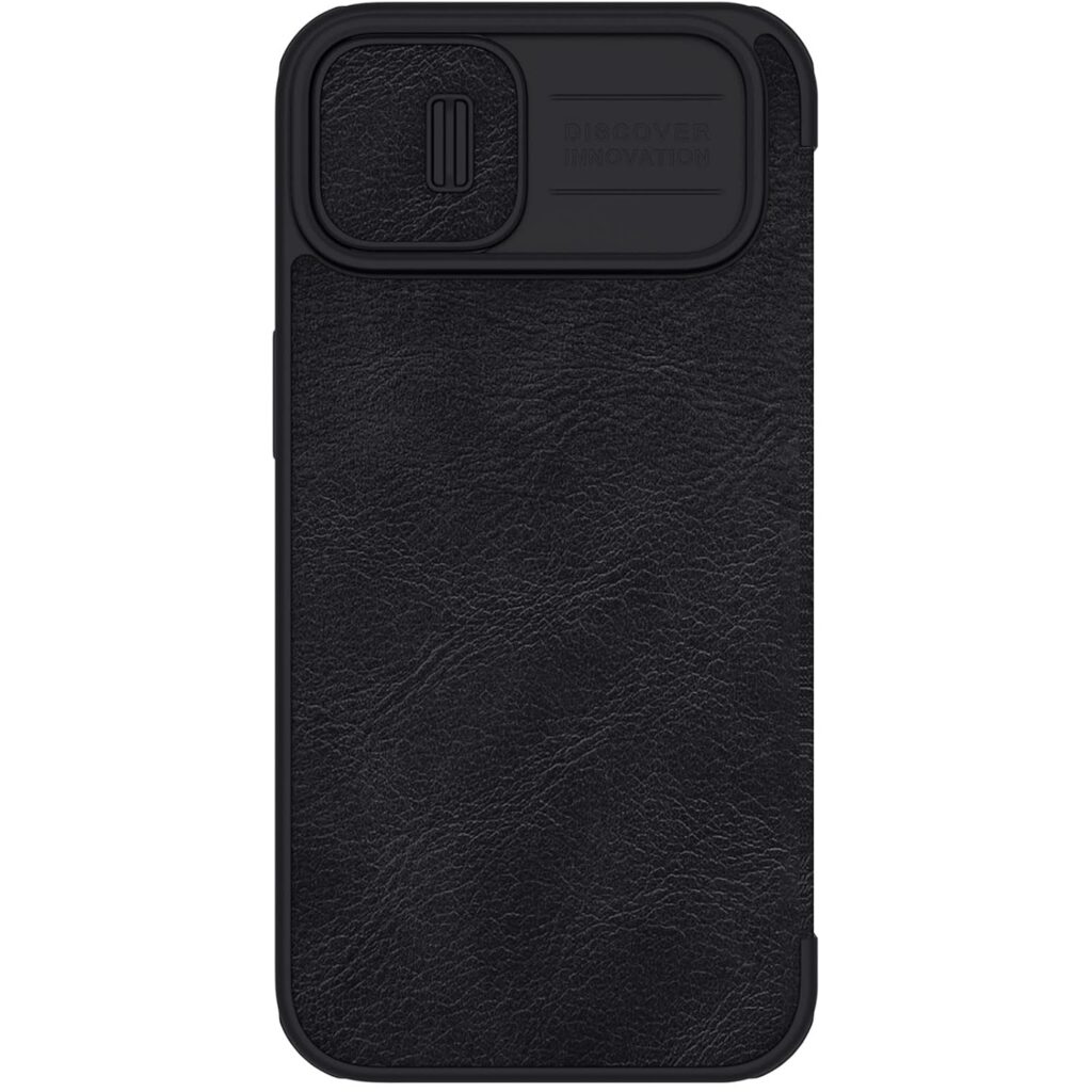 Nillkin Case for Apple iPhone 14 Plus (6.7" Inch) Qin Pro Camshield Camera Slider Genuine Classic Leather Flip Folio + Card Slot Black Color