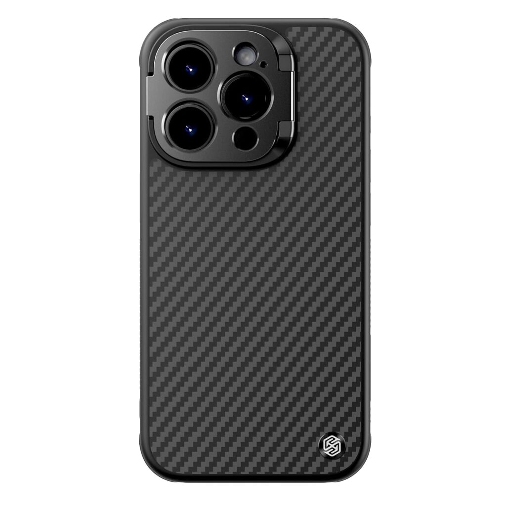 Nillkin Case for Apple iPhone 15 Pro Max (6.7" Inch) Carbo Prop Magnetic (Works Mag Safe) Flip Lens Camera Mobile Holder Media Aramid Fibre + TPU Soft Edge 360 Protect Black Color