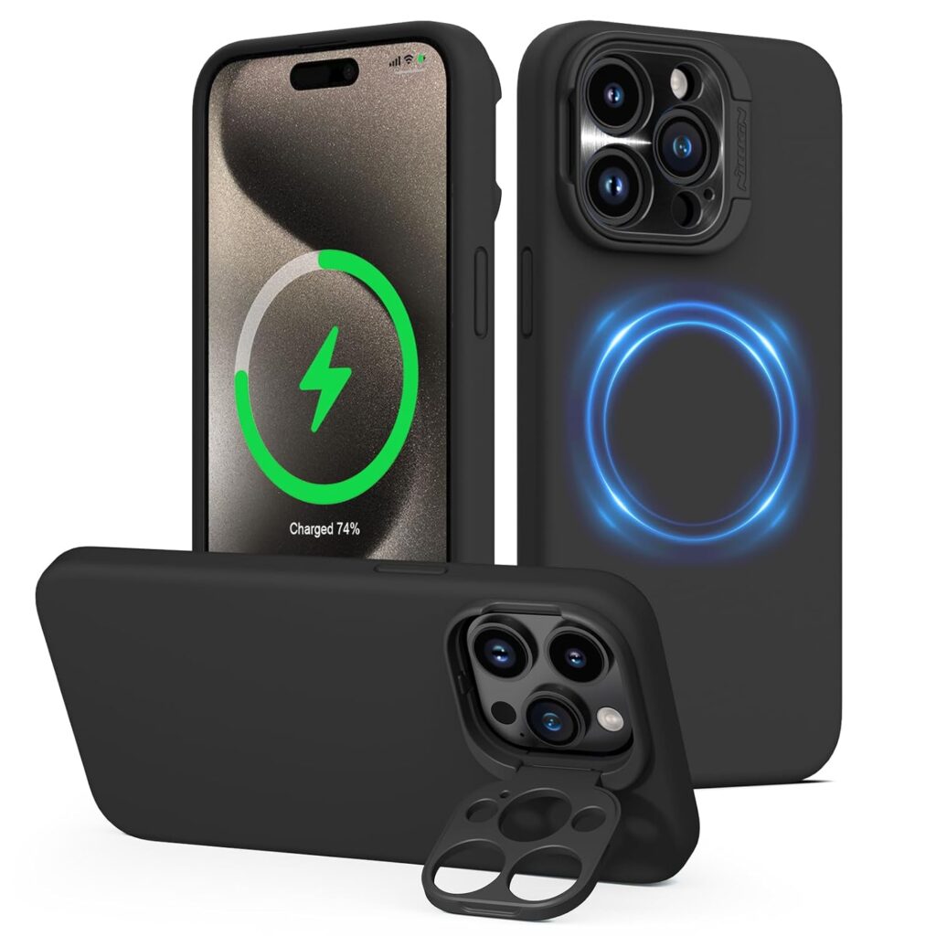 Nillkin Magnetic Case Compatible with iPhone 15 Pro Max MagSafe, Liquid Silicone Case with Camera Cover Kickstand, Support Wireless Charging Case for iPhone 15 Pro Max - Black