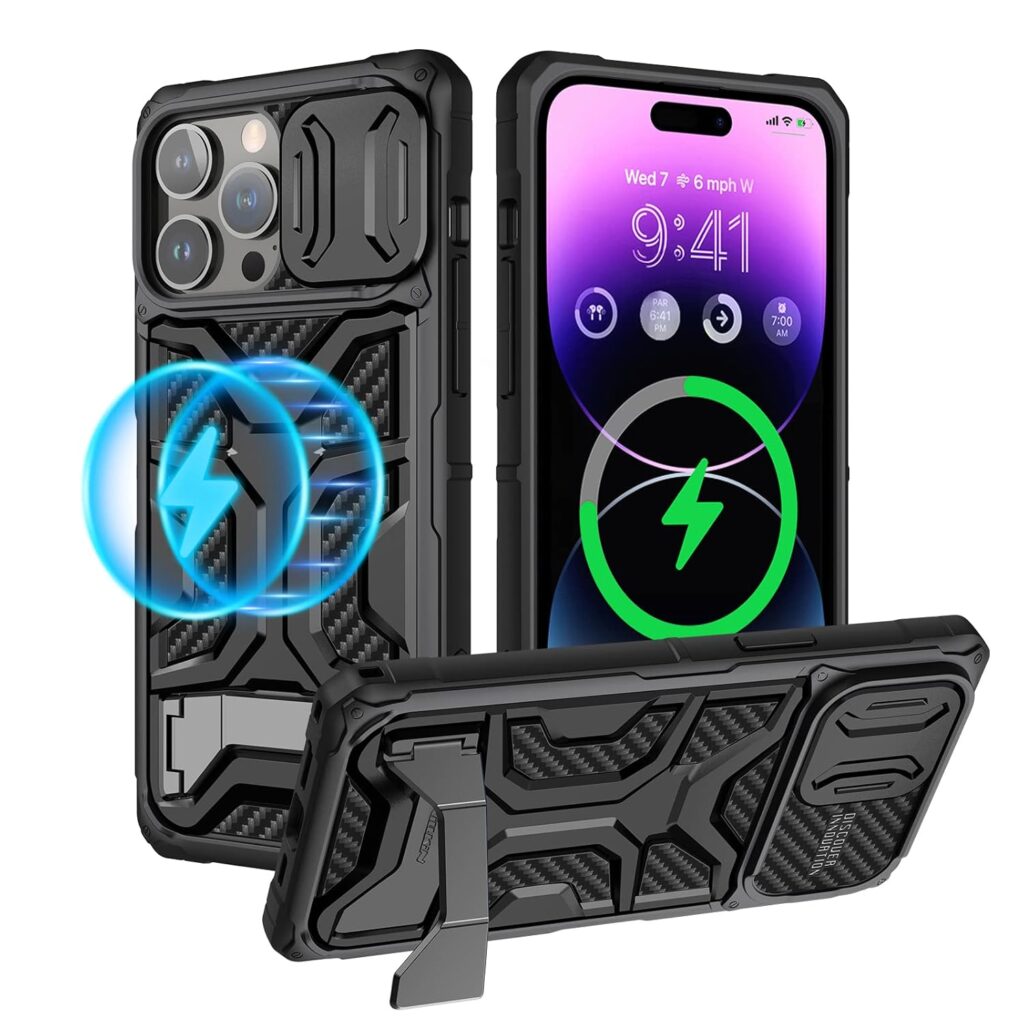 Nillkin Polycarbonate Iphone14 Pro Max Case With Invisible Stand[Compatible With Magsafe][Slide Camera Cover]Military-Grade Drop Protection,Shockproof Protective Cover For Iphone With Kickstand,Black