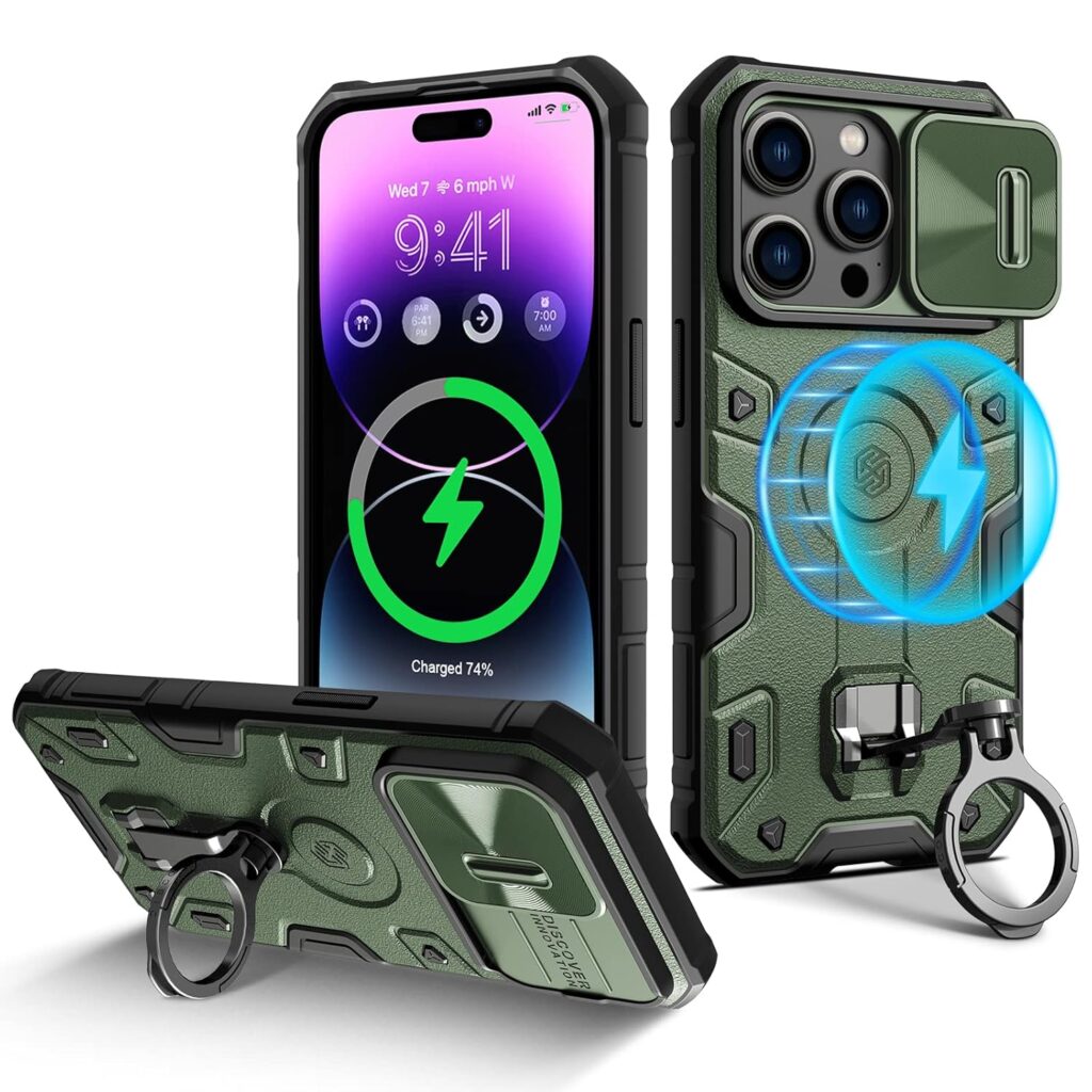 Nillkin TPU for iPhone 14 Pro Max Magnetic Case,[Military Grade Protection&Compatible with Magsafe],Camshield Armor 14 Pro Max 5G Case 6.7'',with Slide Camera Cover,Built-in Magnet Circle (Green)