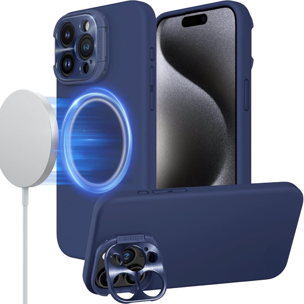 Nillkin for iPhone 15 Pro Magnet Case, Compatible with MagSafe, Built-in Metal Camera Invisible Stand 15 Pro Case, Military Grade Protection, Silicone Magnetic Phone Case for iPhone 15 Pro 6.1'' Blue