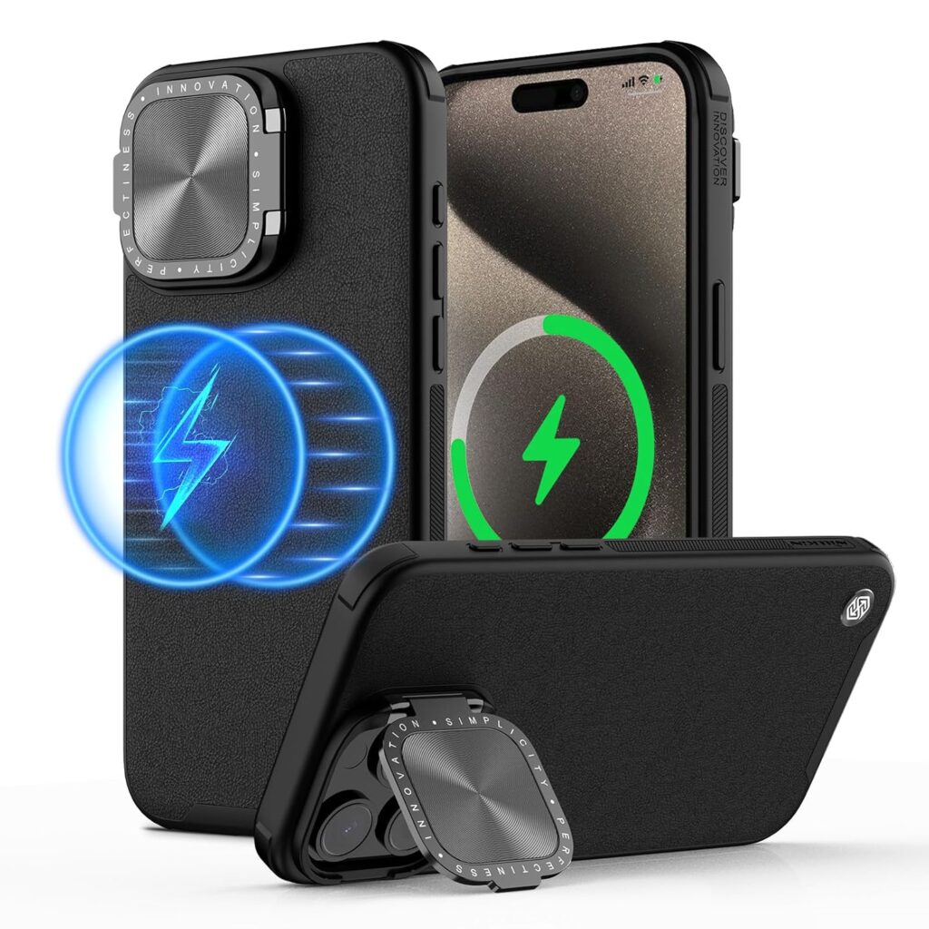 Nillkin for iPhone 15 Pro Max Case, PU Leather Case Compatible with MagSafe, Built-in Stash Camera Kickstand, Shockproof Protective Phone Case for iPhone 15 Pro Max, Black