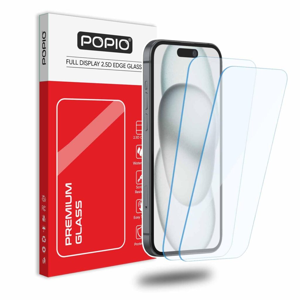 POPIO Borderless Military-Grade Gorilla Tempered Glass for iPhone 15/ iPhone 16 / iPhone 14 Pro (Transparent) Case Friendly Full Screen Coverage with Installation Kit, Pack of 2