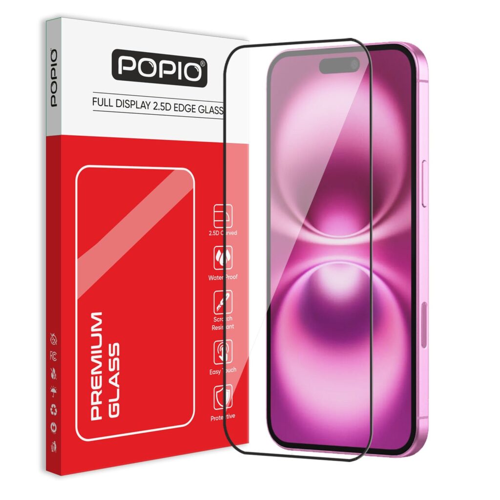 POPIO Tempered Glass Screen Protector Compatible For iPhone 15 Plus/iPhone 16 Plus (Black) Edge-To-Edge Protector Coverage With Easy Installation Kit