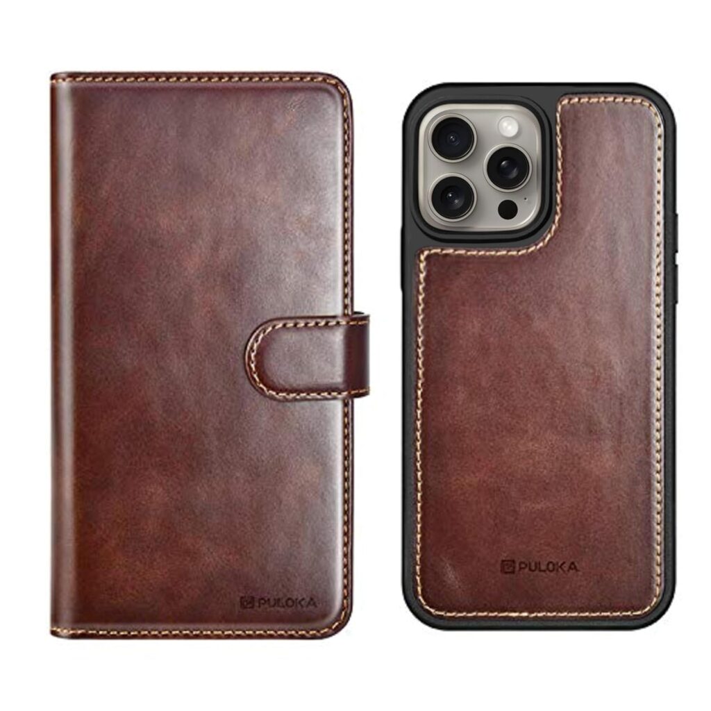 PULOKA - 2 in 1 Flip Cover for iPhone 15 PRO MAX - Protective Case with Card & Cash Pockets - Detachable Flip Case, Kickstand & Magnetic Closure - Profesional & Premium Leather Finish Look -Brown