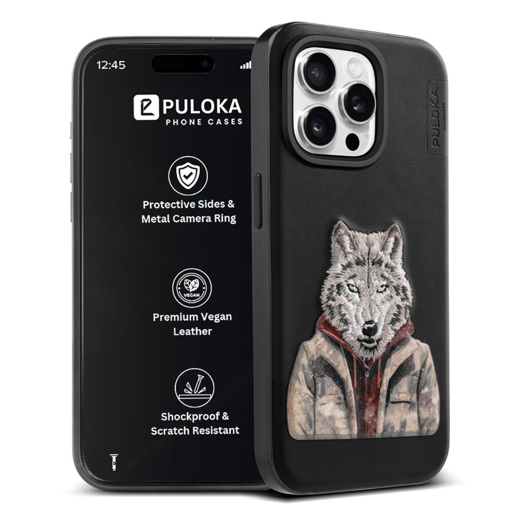 PULOKA - Mobile Cover Compatible for iPhone 15 Pro Max - Wolf Embroidery - Sleek & Stylish - Protective & Anti Scratch Phone Cover Vegan Leather Back Case - Men & Women - Black