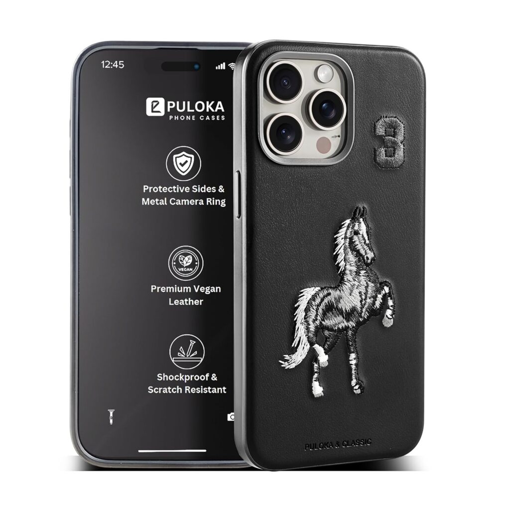 PULOKA - Mobile Cover for iPhone 15 PRO MAX - Horse Embroidery - Sleek & Stylish - Protective & Anti Scratch Phone Cover Vegan Leather Back Case - Men & Women- Santa Barbara Polo (Black)