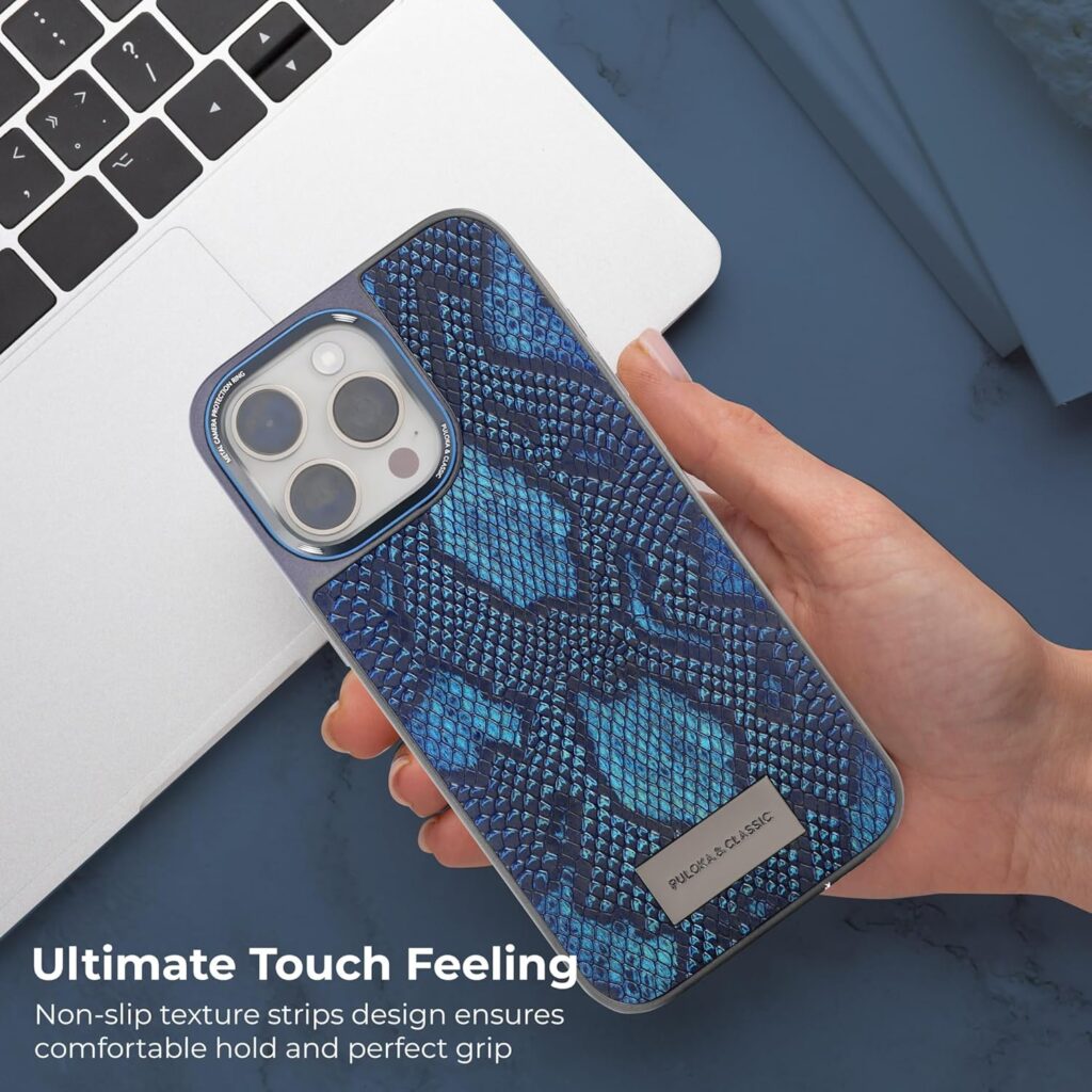 PULOKA Thermoplastic Polyurethane Crocodile Texture Phone Case-Compatible with iPhone 15 Pro Max-Ultra Hybrid Back Cover Luxury Case-Electroplated Sides-Camera Protetection & Raised Edges-Blue