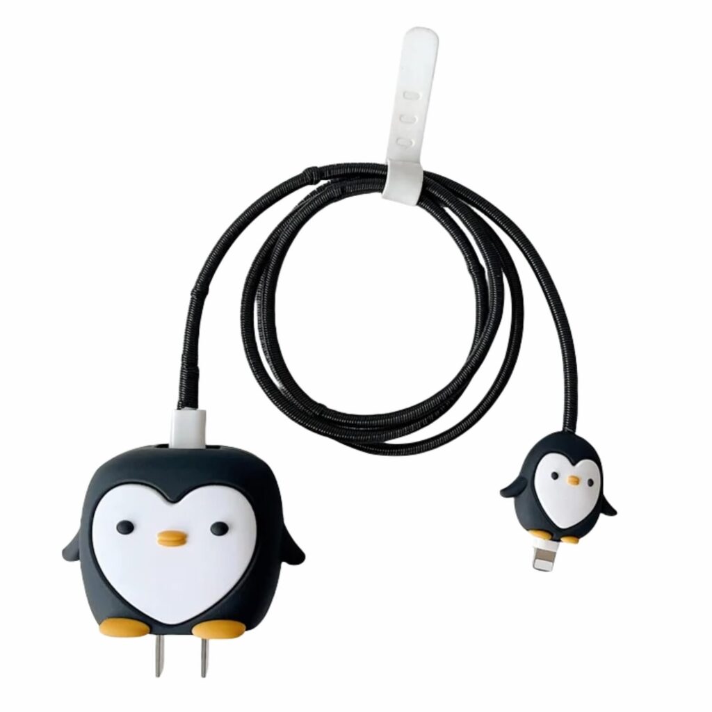 Prolet 3D Cartoon Charger Cover for iPhone 11/12/13/14/15/16/Pro Max – 360° Full Protection Silicone Case with Durable Cable Sleeve, Compatible with 18W/20W Adapter & Charging Cable (Black Penguin)