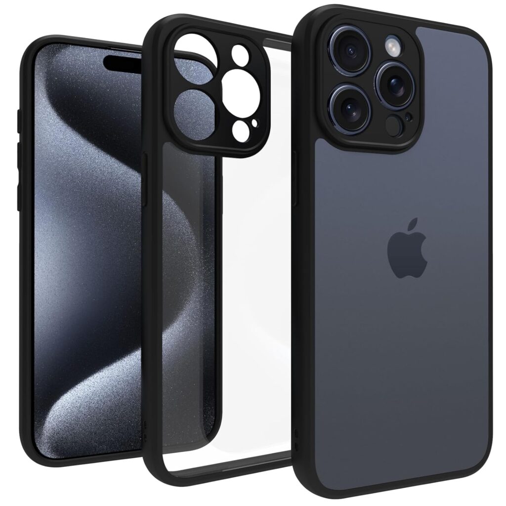 RIGGEAR Shockproof Sleek Hybrid Armor Back Cover Case with Drop Protection Corner Airbag and Camera Protection Compatible with iPhone 15 Pro Max (Clear PC+ Black TPU Bumper with Camera Cover)