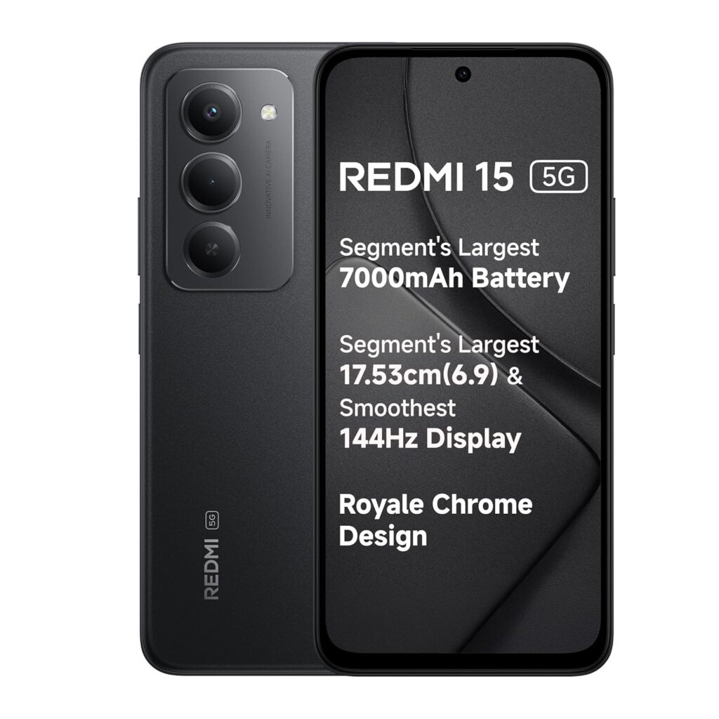 Redmi 15 5G Midnight Black 6GB + 128GB | Segment's Largest 7000mAhA Battery | Segment's Largest Display 17.53cm(6.9) Up to 144Hz | Snapdragon 6s Gen 3 | 18W Reverse Charging | 50MP AI Dual Camera