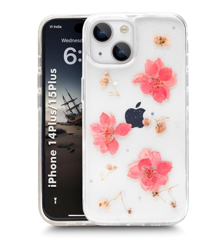 SQUIF Soft Clear Silicone Case Glitter Floral Back Cover for iPhone 15/14 Plus | with Pressed Dry Real Flowers (Pink)